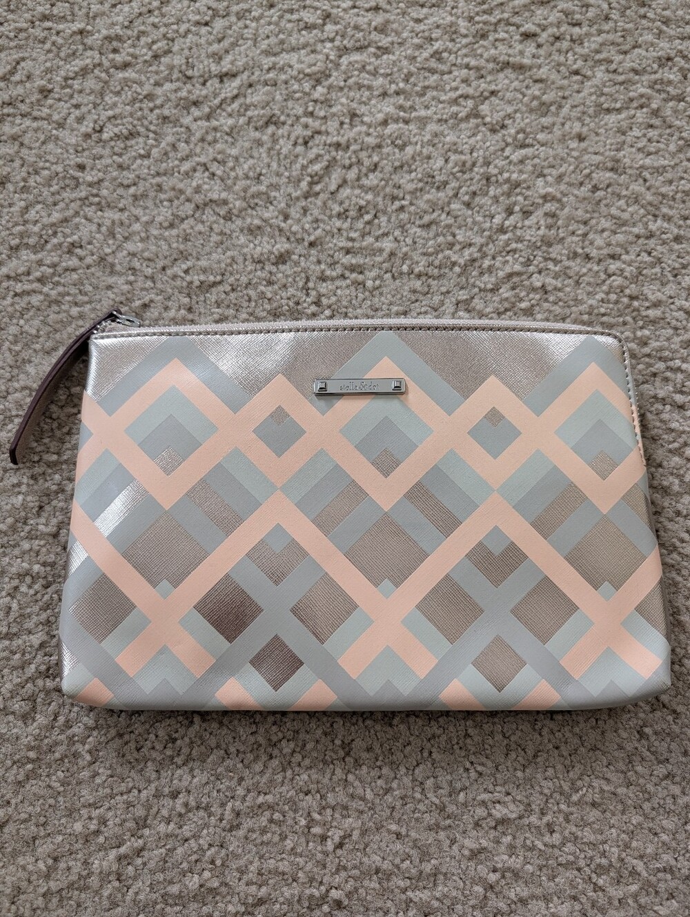 Stella & Dot Metallic Geo Print Clutch/Cosmetic Bag - Peach & Silver